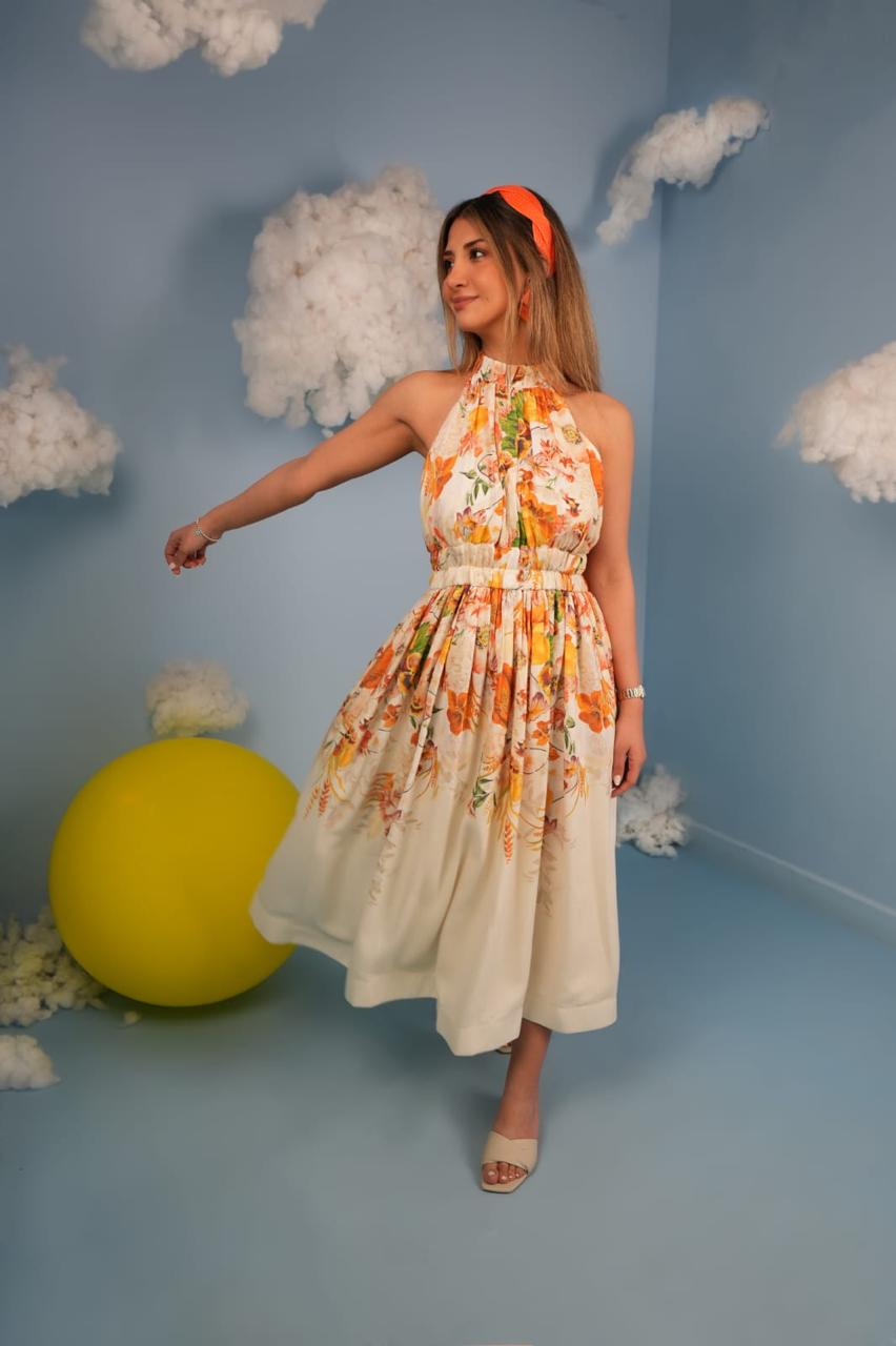 Halter-Neck Floral Midi Dress – Cream & Orange