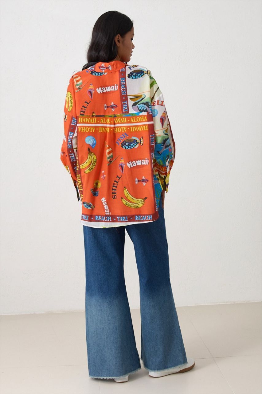 Collage-Print Tropical Button-Down Shirt