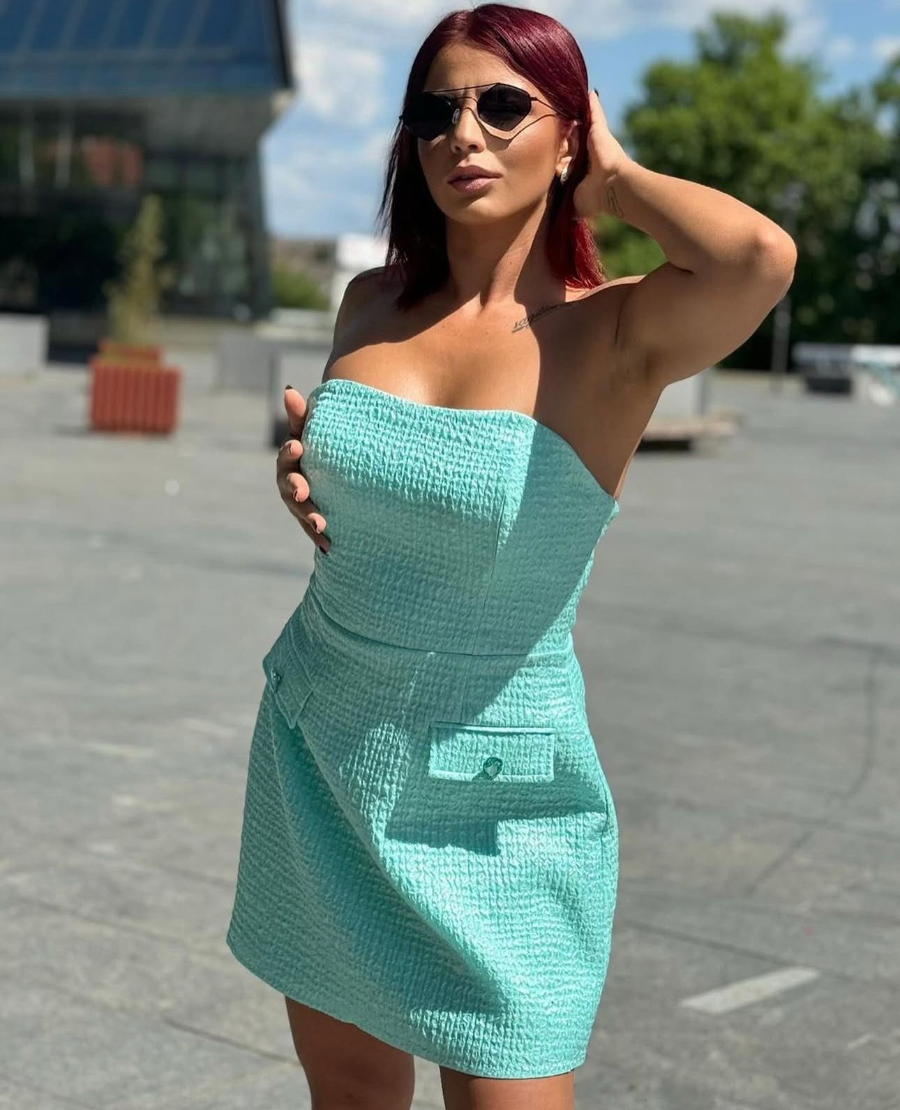 Marina Tweed Strapless Mini Dress — Aqua
