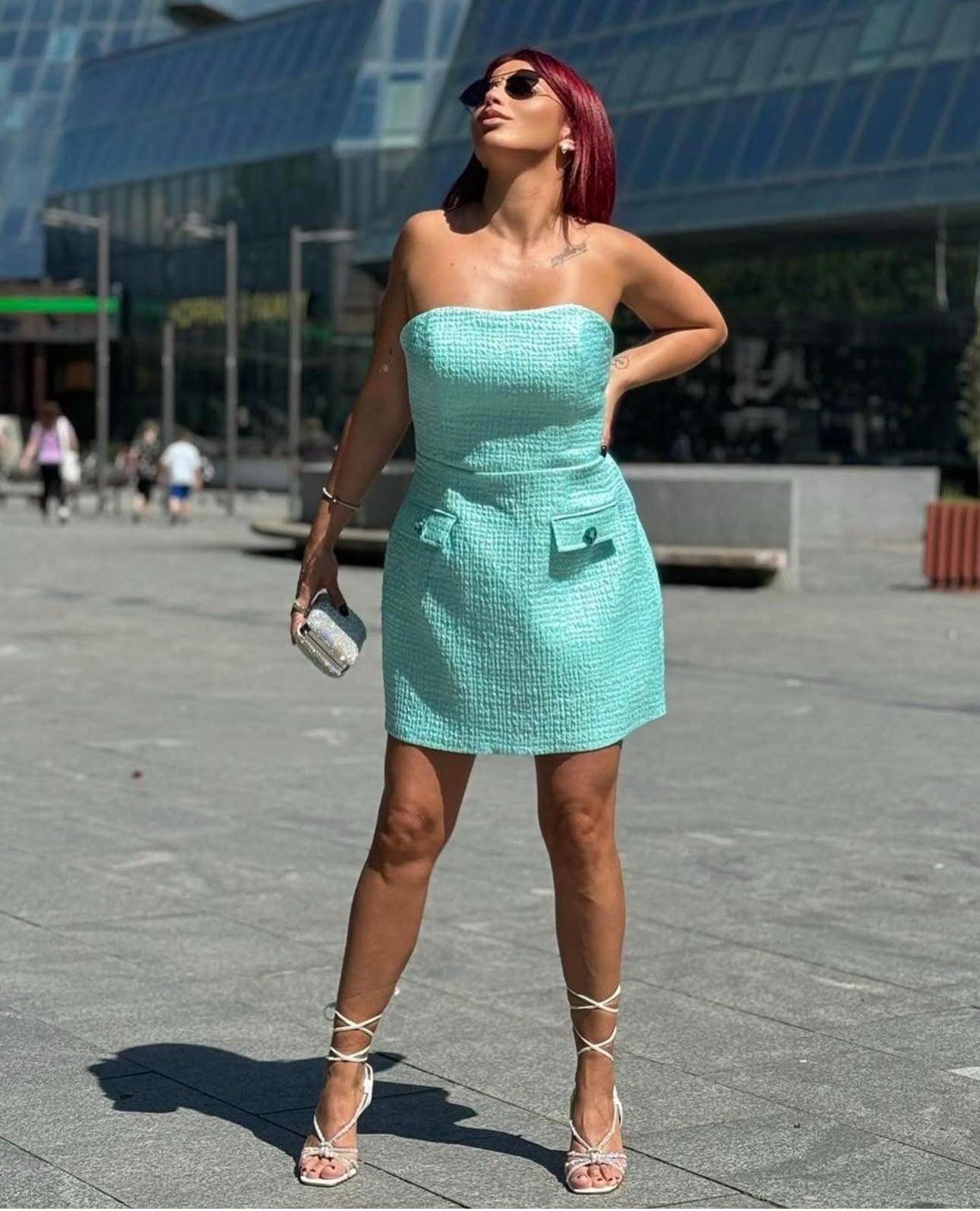 Marina Tweed Strapless Mini Dress — Aqua
