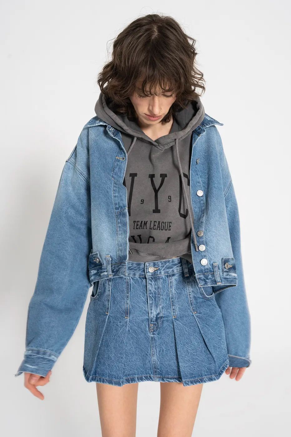 Pleated Denim Mini Skirt