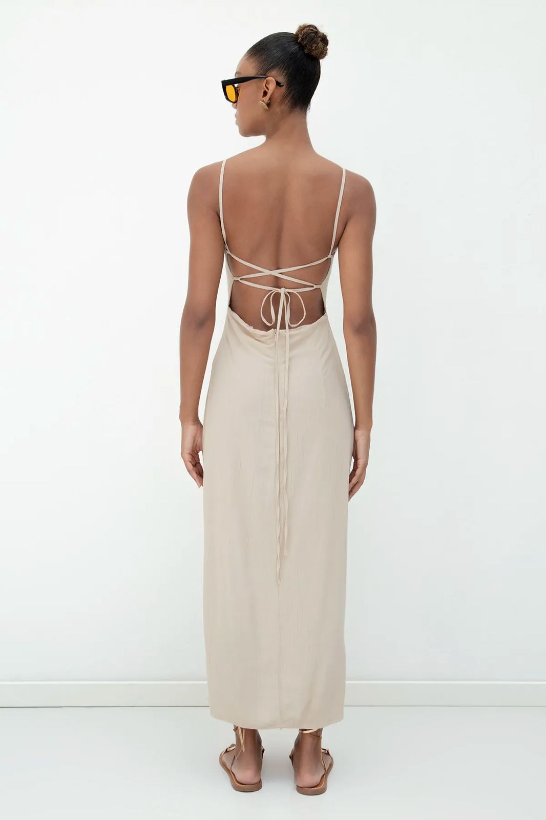Sand Ruched‑Bust Lace‑Up Midi Dress