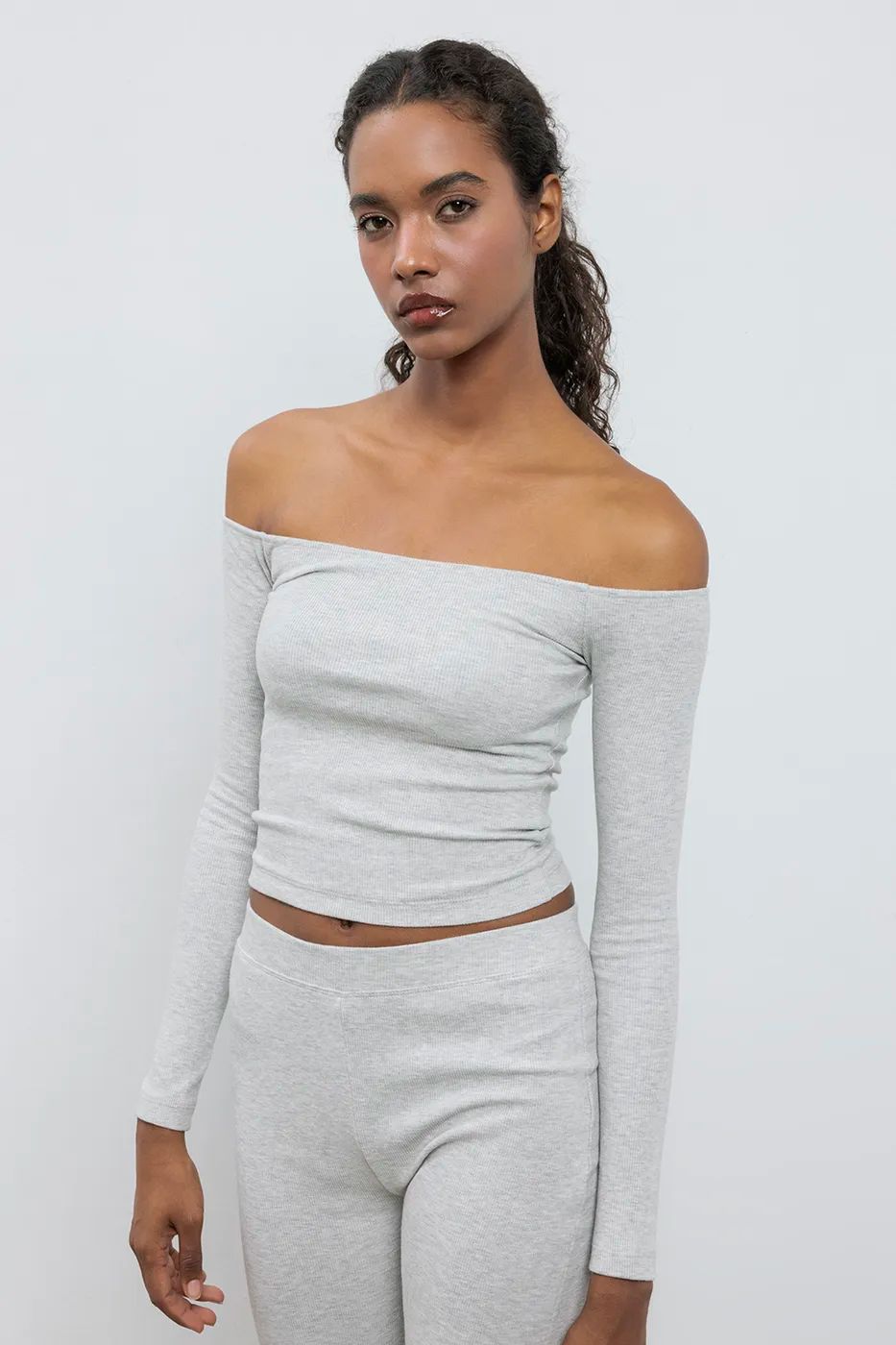 Heather‑Grey Ribbed Lounge Co‑Ord (Top + Pants)