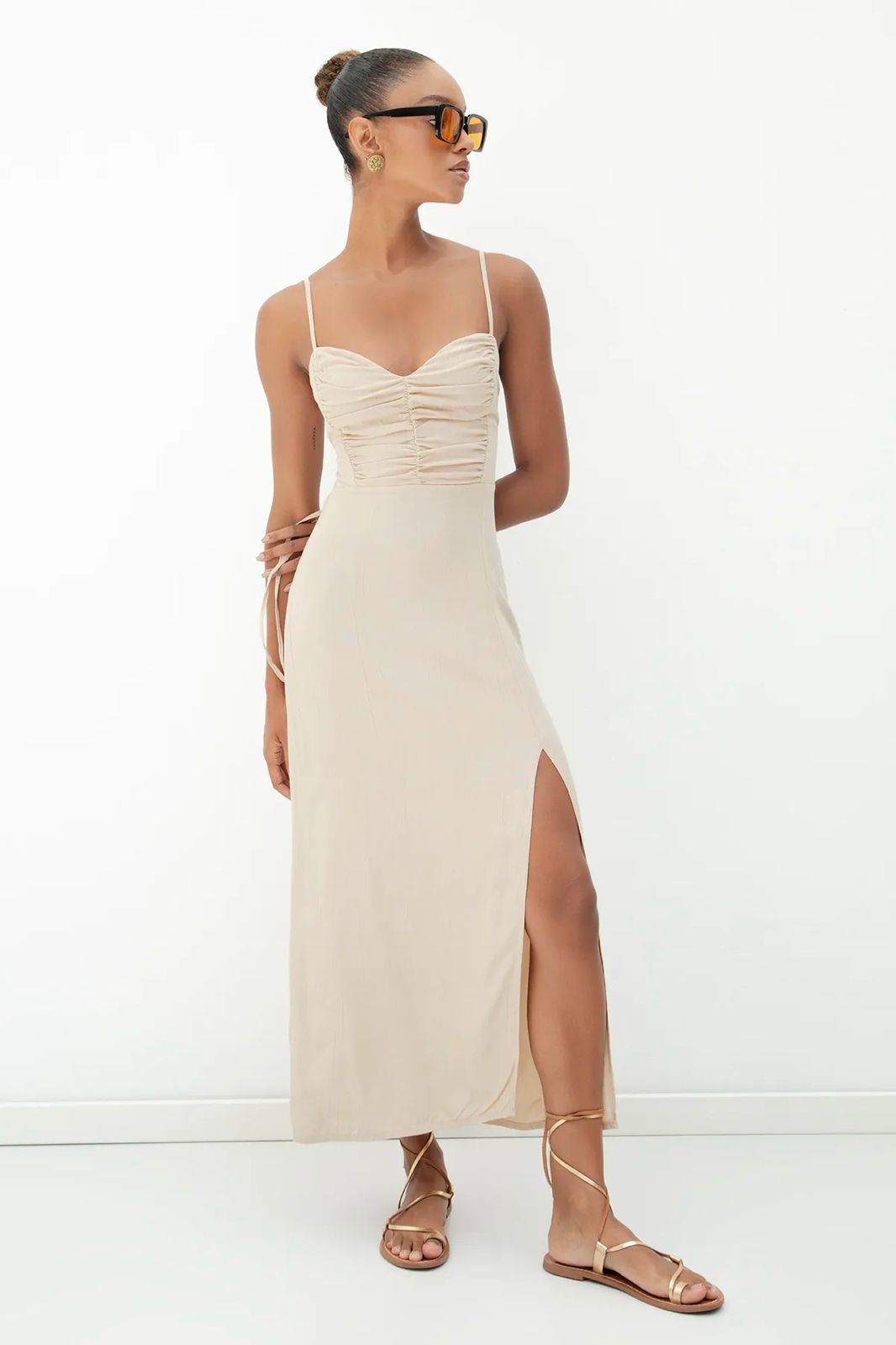 Sand Ruched‑Bust Lace‑Up Midi Dress