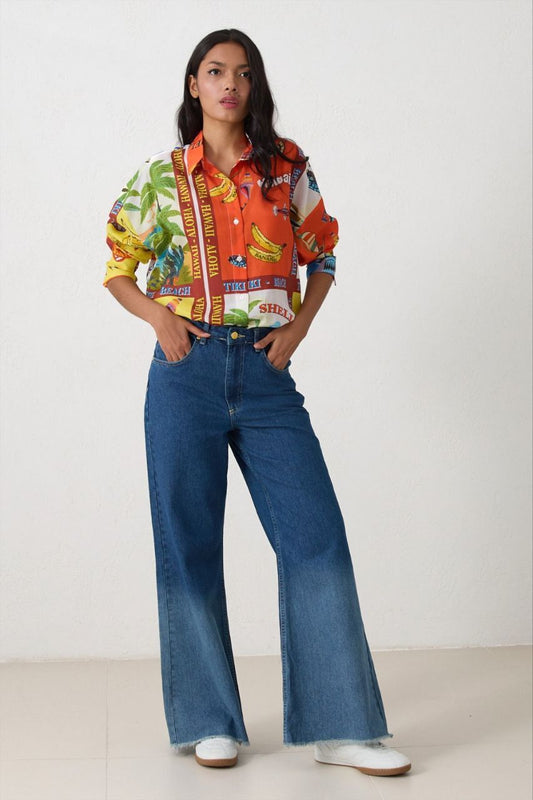 Collage-Print Tropical Button-Down Shirt