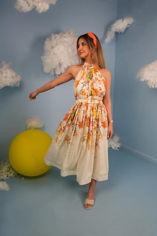 Halter-Neck Floral Midi Dress – Cream & Orange