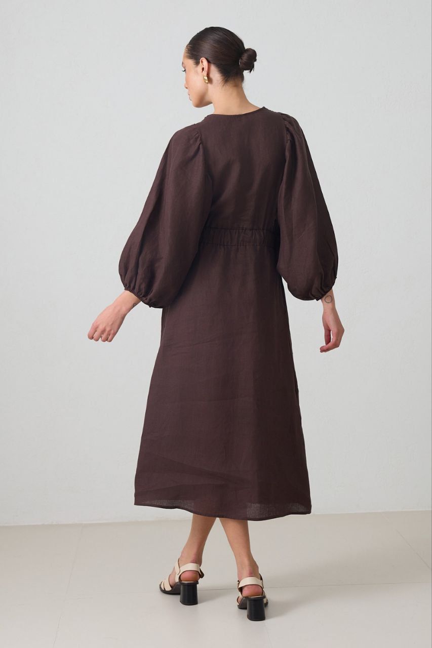 Puff-Sleeve Midi Dress – Yellow & Brown