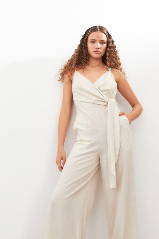 Beaded-Strap Wrap Linen Jumpsuit – Sand