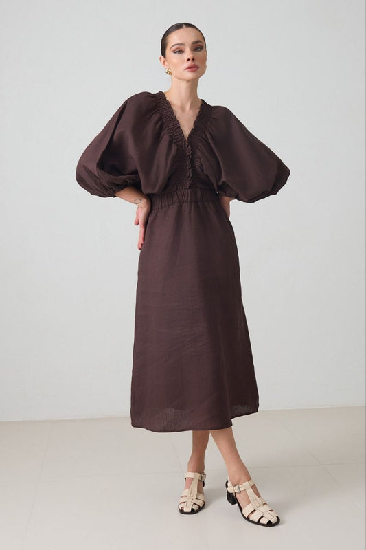 Puff-Sleeve Midi Dress – Yellow & Brown