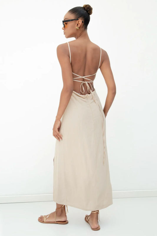 Sand Ruched‑Bust Lace‑Up Midi Dress