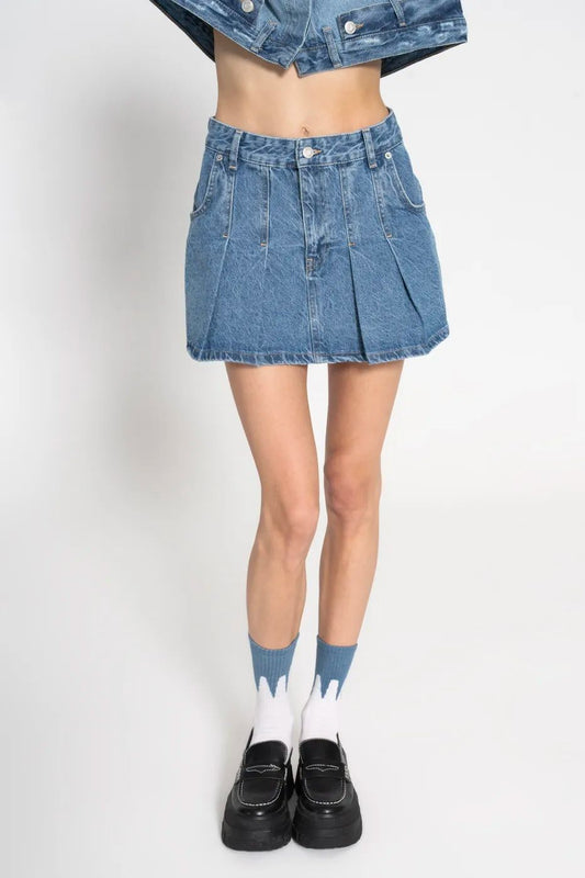 Pleated Denim Mini Skirt