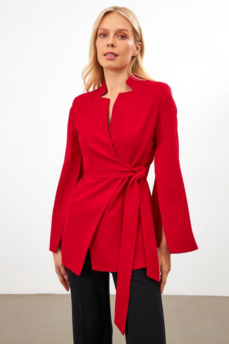 Bold Elegance Red Wrap Blazer