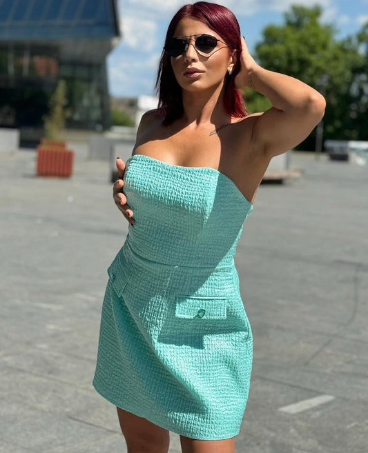 Marina Tweed Strapless Mini Dress — Aqua