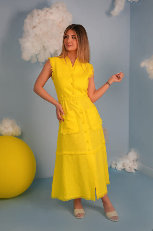 Sunny‑Side Linen Blend Button‑Front Midi Dress