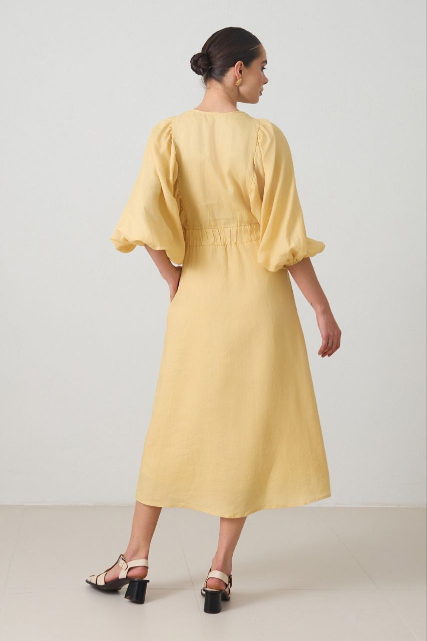 Puff-Sleeve Midi Dress – Yellow & Brown