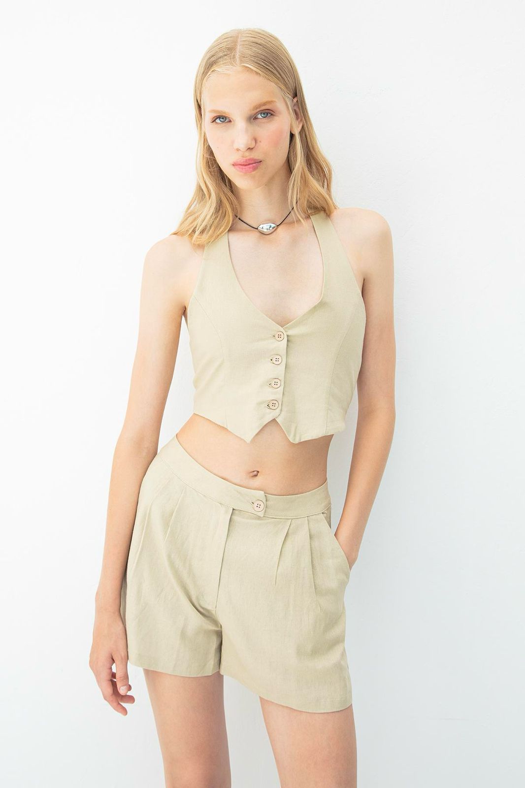 Linen‑Blend Button‑Front Vest & Shorts Set
