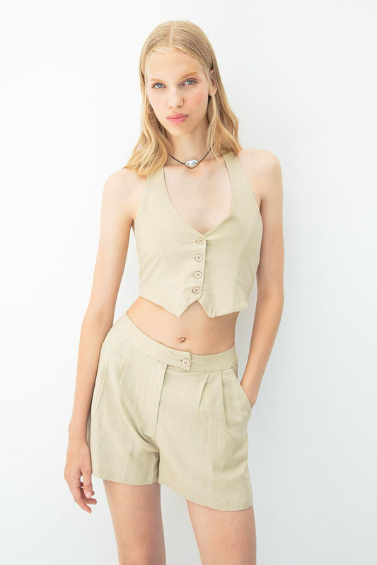 Linen‑Blend Button‑Front Vest & Shorts Set