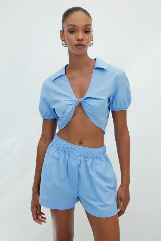 Sky‑Blue Knot‑Front Poplin Set