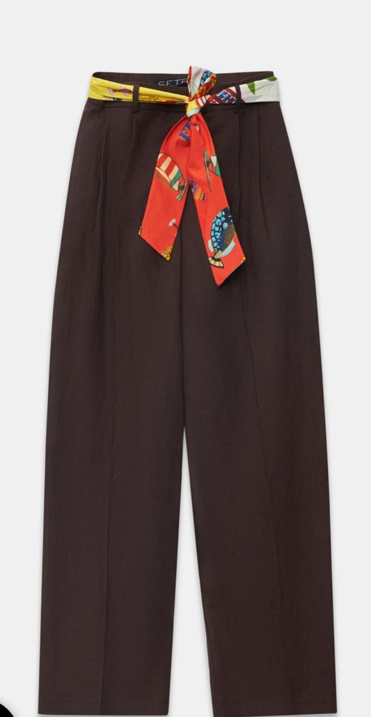 High-Waist Wide-Leg Trousers with Tropical Scarf Belt