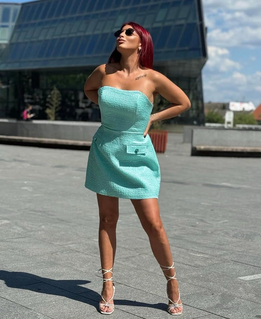 Marina Tweed Strapless Mini Dress — Aqua