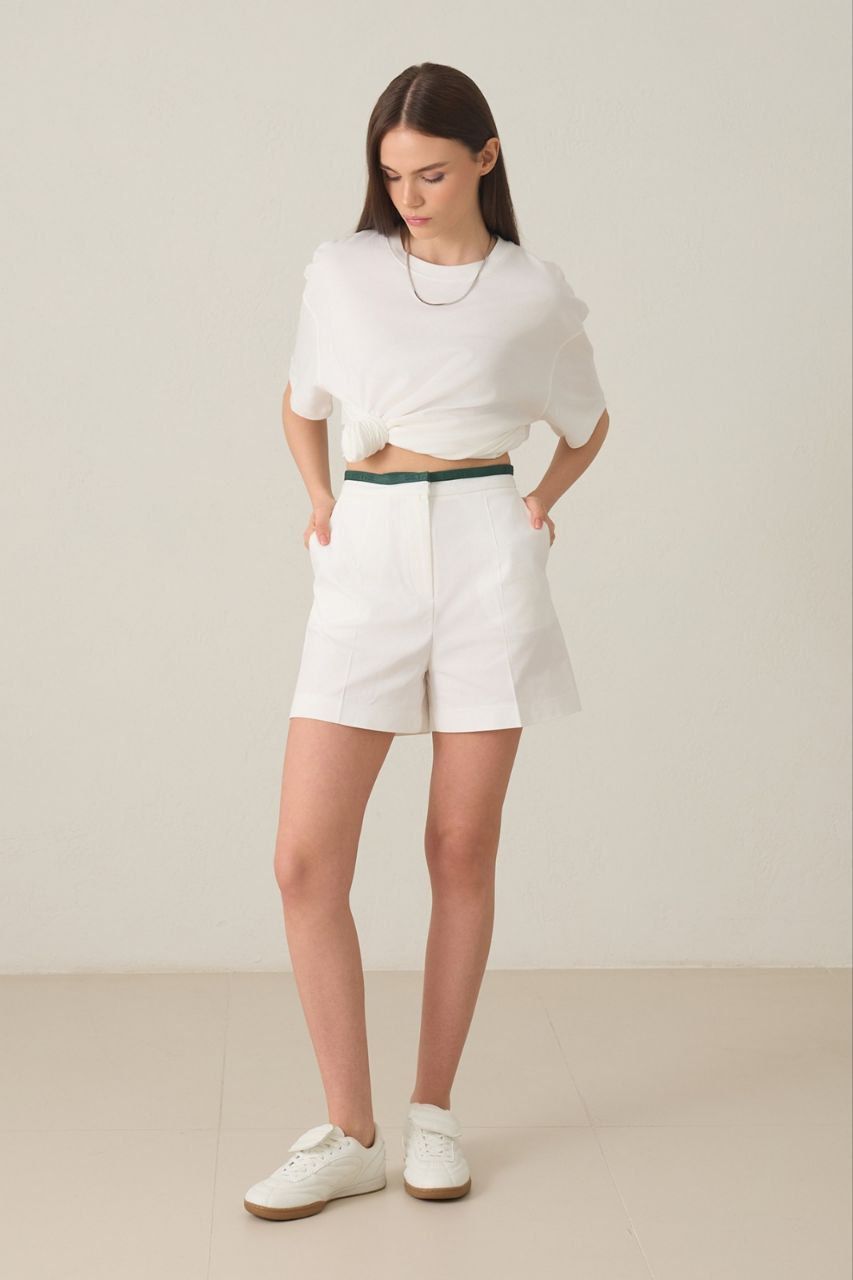 High-Waisted White Tailored Shorts with Green Trim