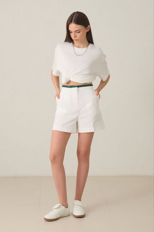 High-Waisted White Tailored Shorts with Green Trim