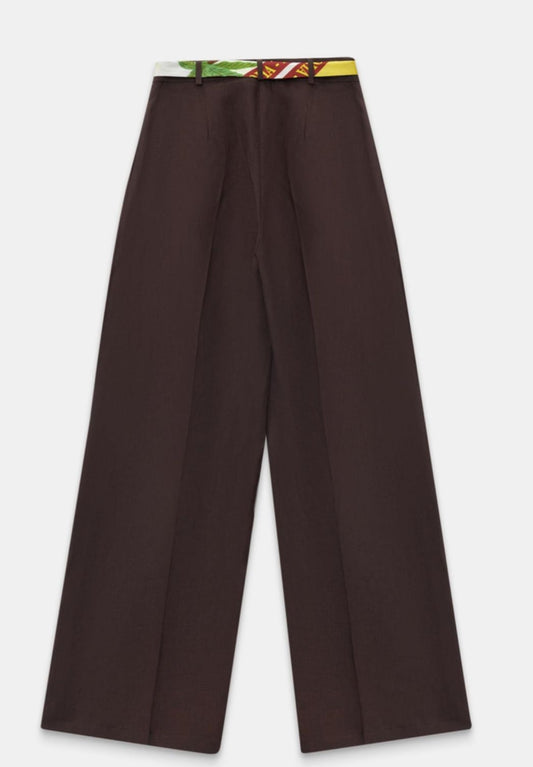 High-Waist Wide-Leg Trousers with Tropical Scarf Belt