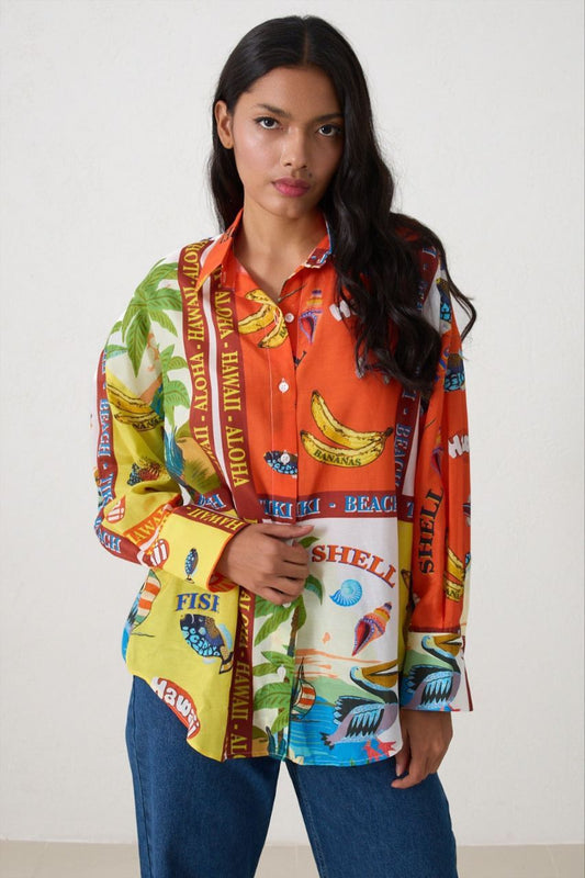 Collage-Print Tropical Button-Down Shirt