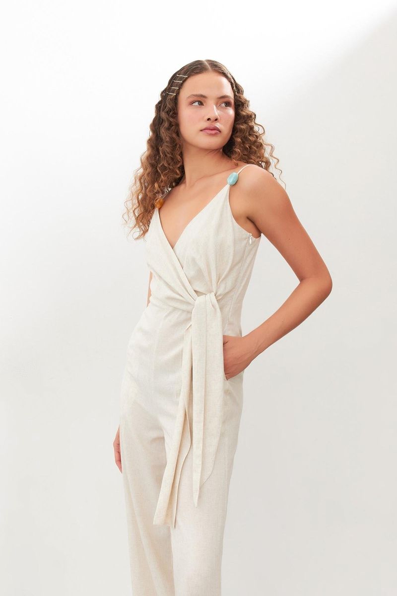 Beaded-Strap Wrap Linen Jumpsuit – Sand