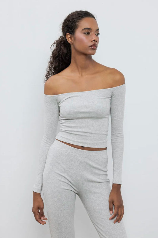 Heather‑Grey Ribbed Lounge Co‑Ord (Top + Pants)