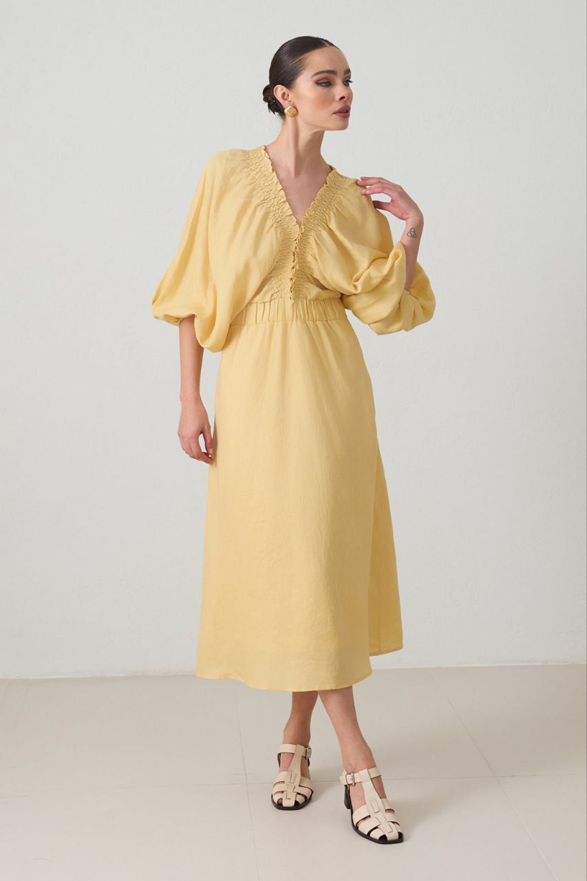 Puff-Sleeve Midi Dress – Yellow & Brown
