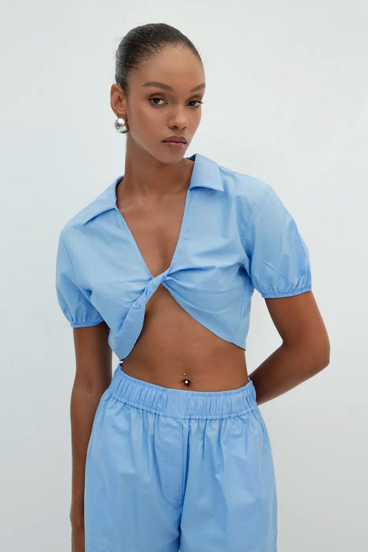 Sky‑Blue Knot‑Front Poplin Set