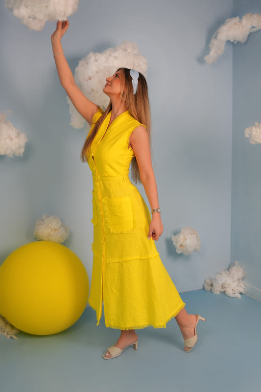 Sunny‑Side Linen Blend Button‑Front Midi Dress