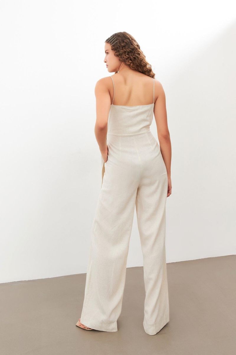 Beaded-Strap Wrap Linen Jumpsuit – Sand