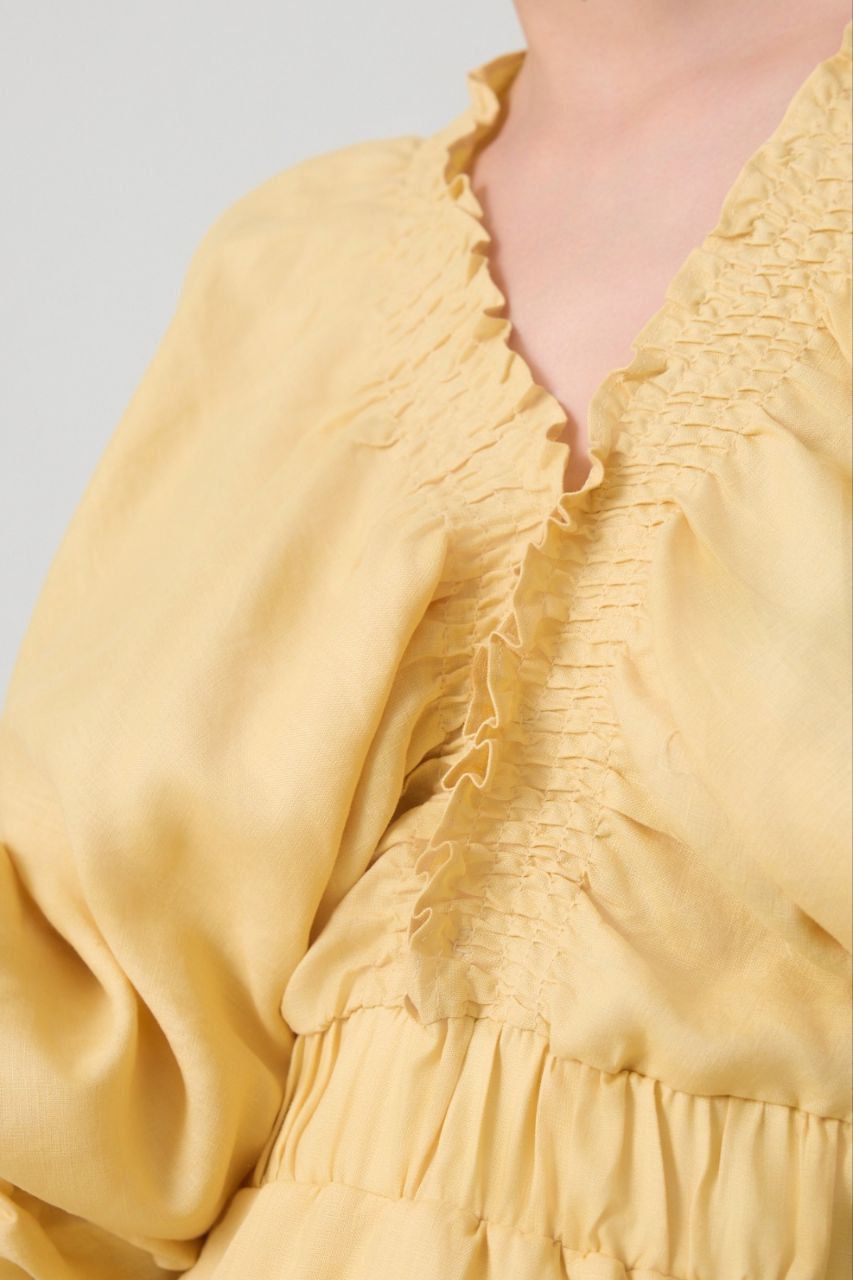 Puff-Sleeve Midi Dress – Yellow & Brown